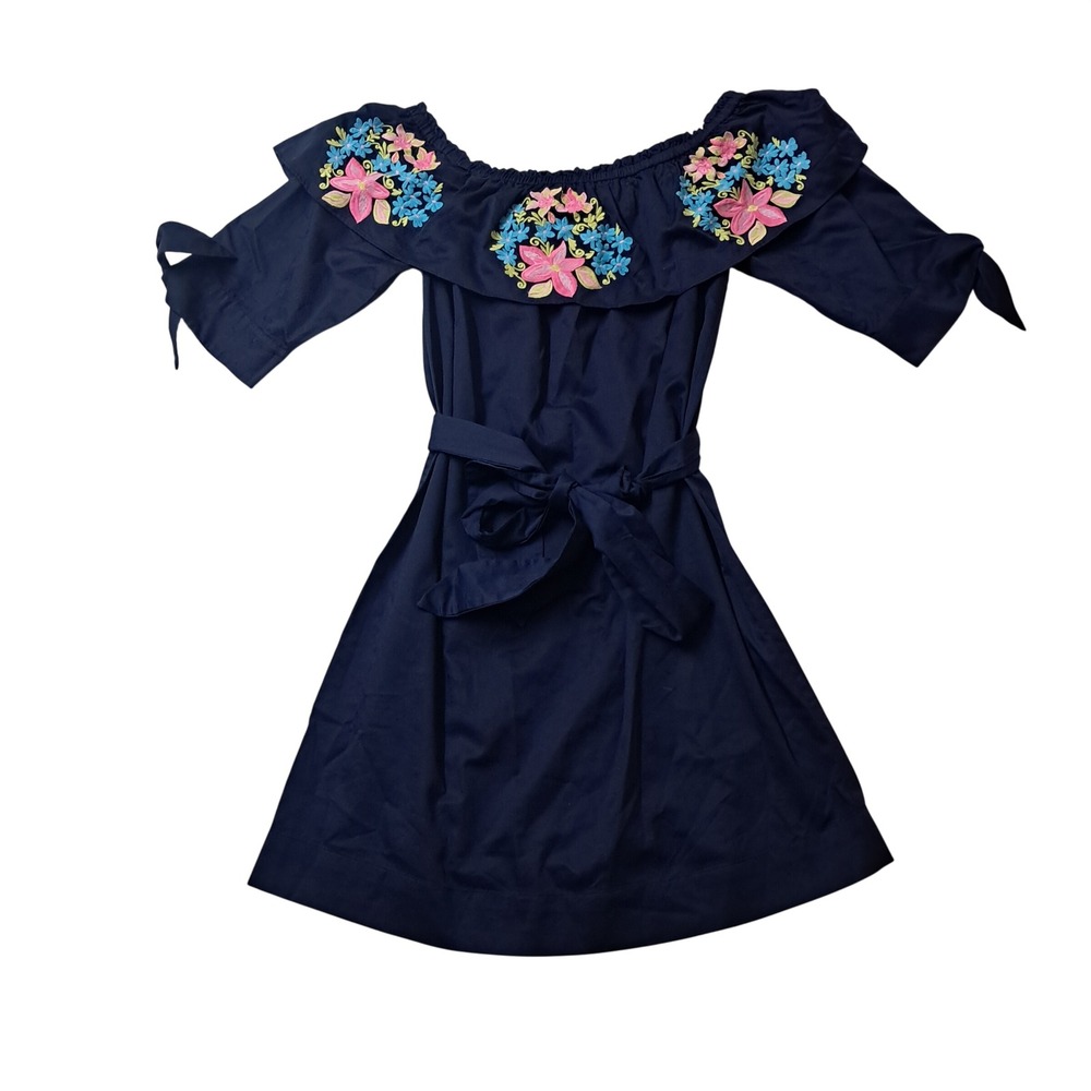 Lilly Pulitzer Vanessa Dress Womens‎ Smal Blue Off Shoulder Embroidered Floral